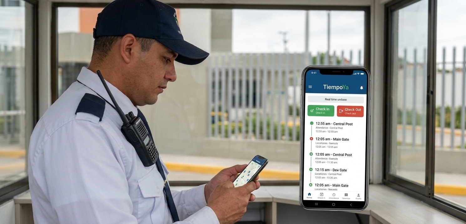 Guardia de seguridad registrando su entrada en TiempoYa desde el celular, junto al historial de marcas por puesto